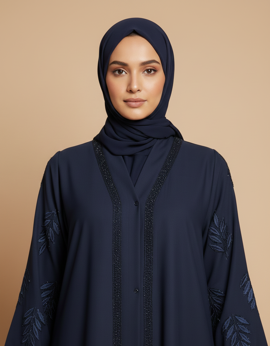 Midnight Blue Leaf Embellished Open Abaya