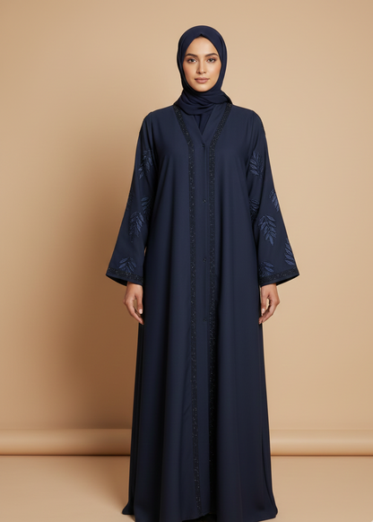 Midnight Blue Leaf Embellished Open Abaya