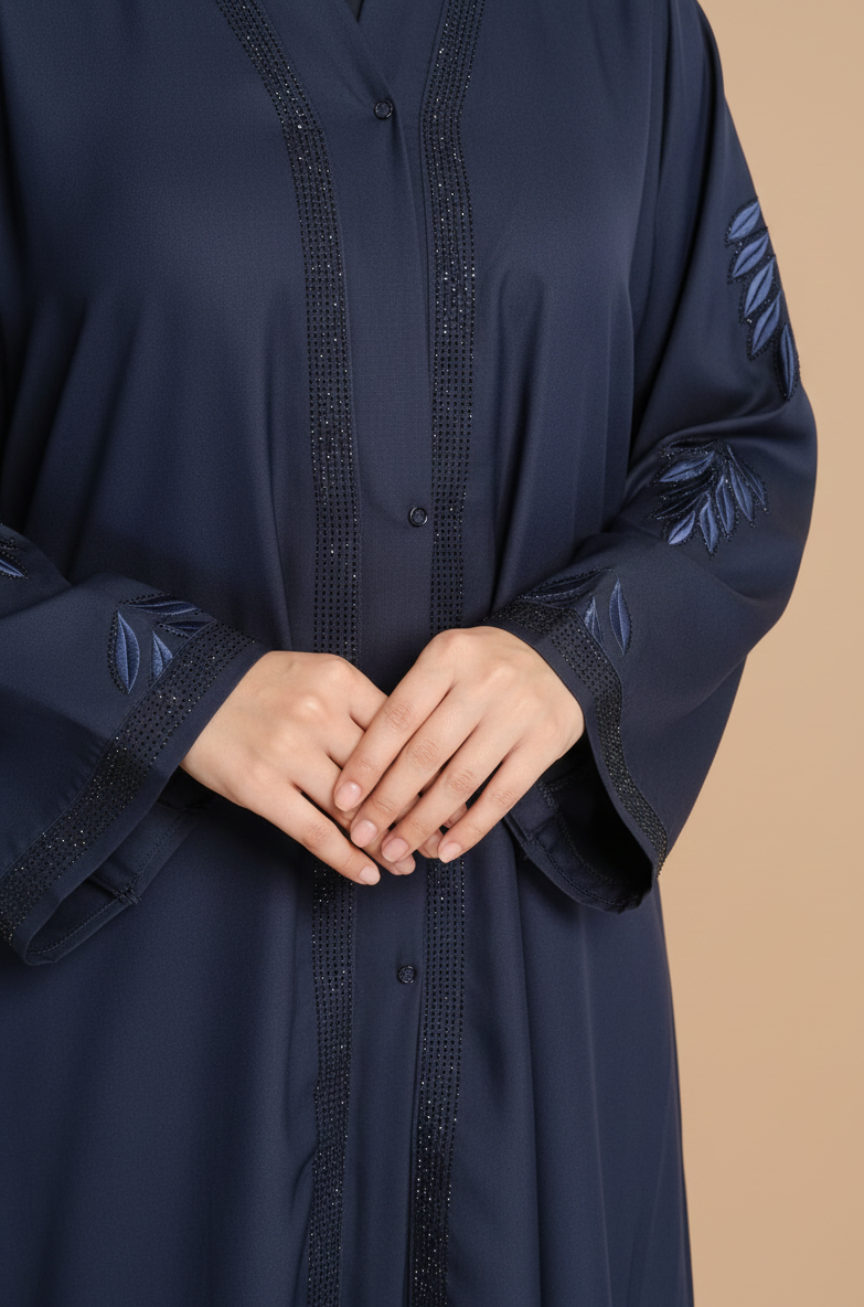 Midnight Blue Leaf Embellished Open Abaya