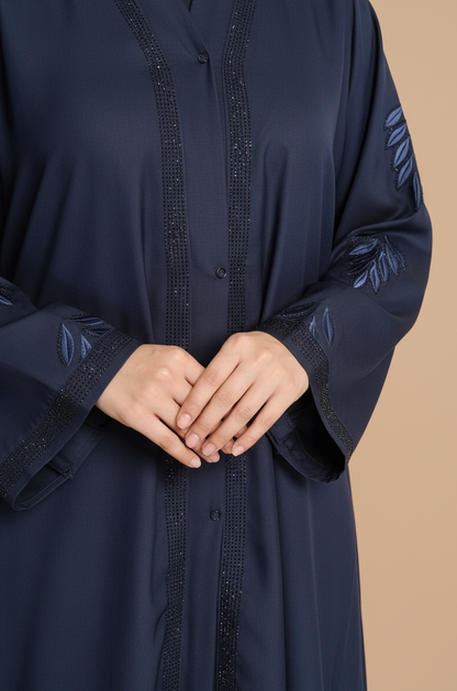 Midnight Blue Leaf Embellished Open Abaya