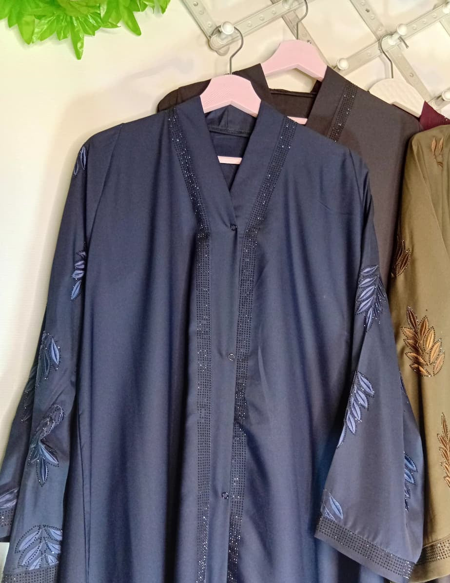 Midnight Blue Leaf Embellished Open Abaya